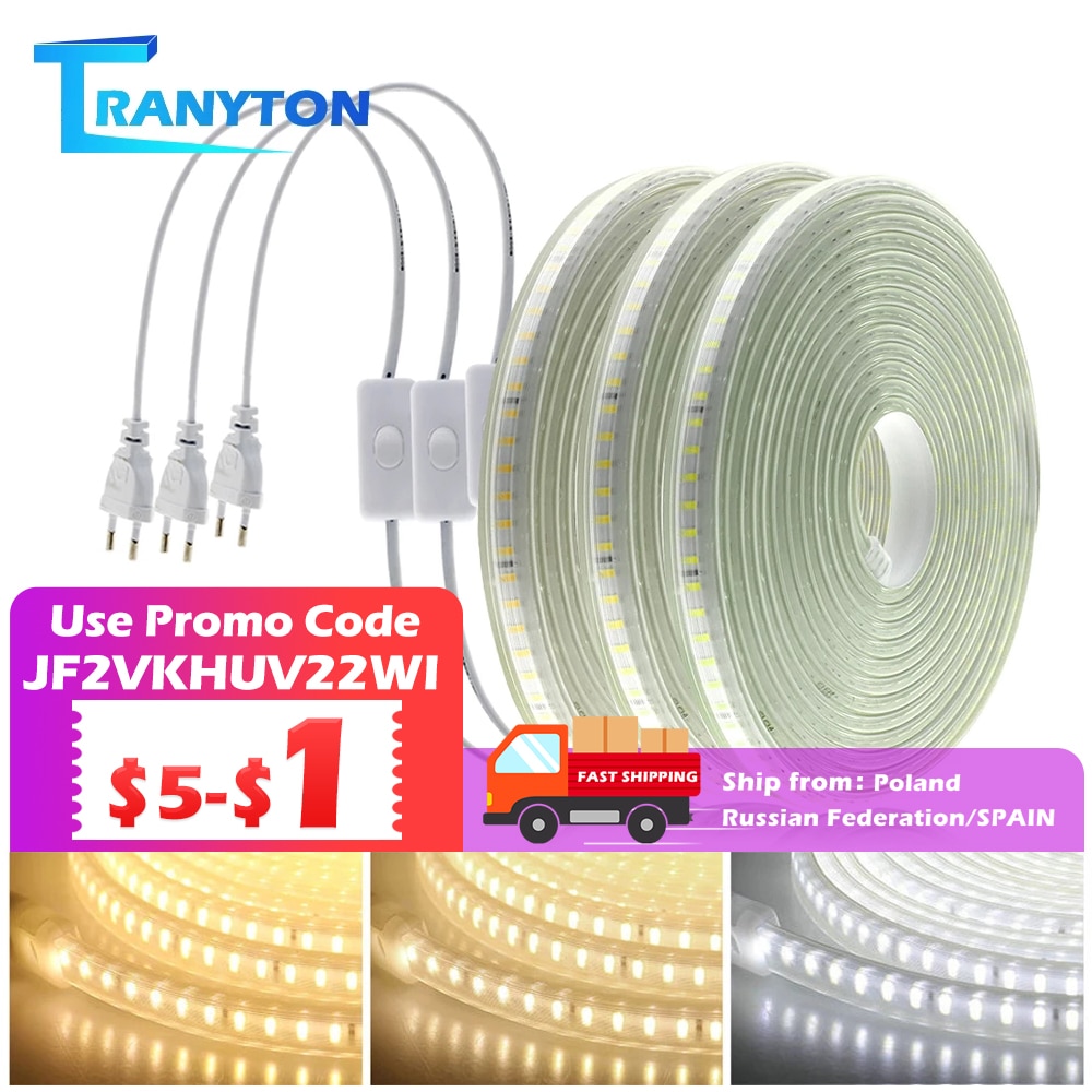 220V LED Strip 120LEDs 8W/m with EU Plug and Switch Not Dazzling Flexible LED Light Waterproof Outdoor Use LED Tape