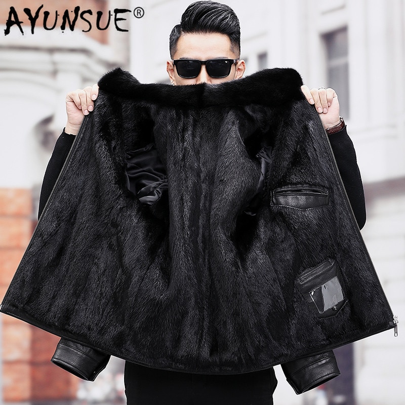 AYUNSUE Men's Real Mink Fur Coat Winter Genuine Leather Jacket Men Goatskin Leather Warm Mens Mink Coats A19-17857 KJ3814