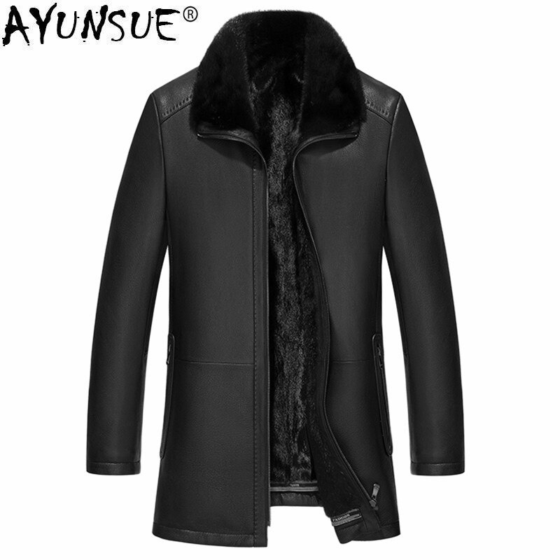 AYUNSUE Winter Genuine Leather Jacket Men Natural Mink Fur Lining Deerskin Leather Real Fur Coat Deri Ceket A19-Z1828 KJ3816