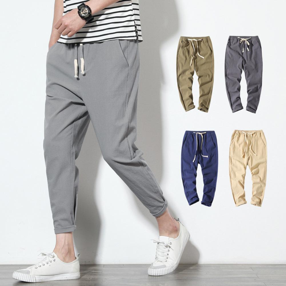 Men Casual Solid Color Waist Drawstring Long Trousers Loose Cotton Harem Pants Male Street Fashion Breathable All-match Trousers