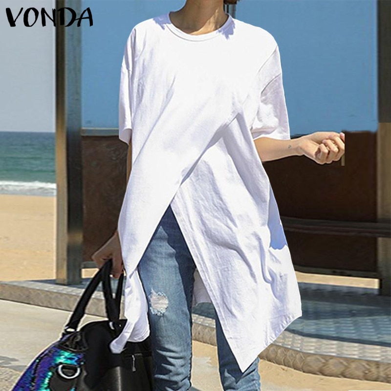 White Tops Women Casual Blouse VONDA 2021 Summer Sexy Short Sleeve O Neck Split Hem Party Shirts Plus Size Blusa Women Tunic