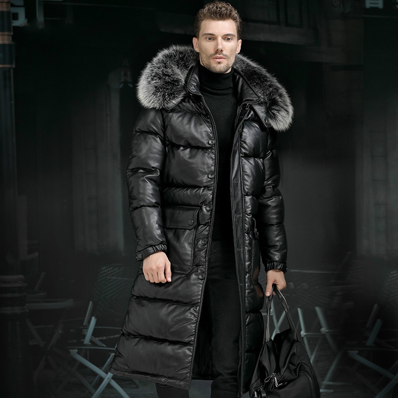 Minus 40 degrees Celsius Warm Top Layer Cowhide Genuine Leather Jacket Men X-Long Duck Down Leather Coat Real Fur Hooded Coats