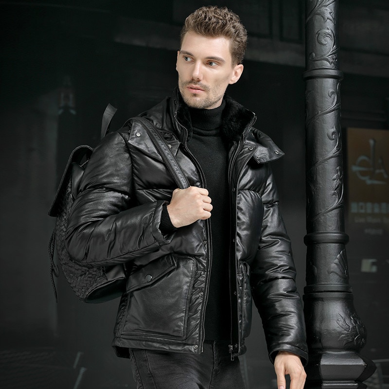 -40 Degrees Celcius Keep Warm Top Cow Leather White Duck Down Jacket Genuine Leather Men Hooded Down Coat