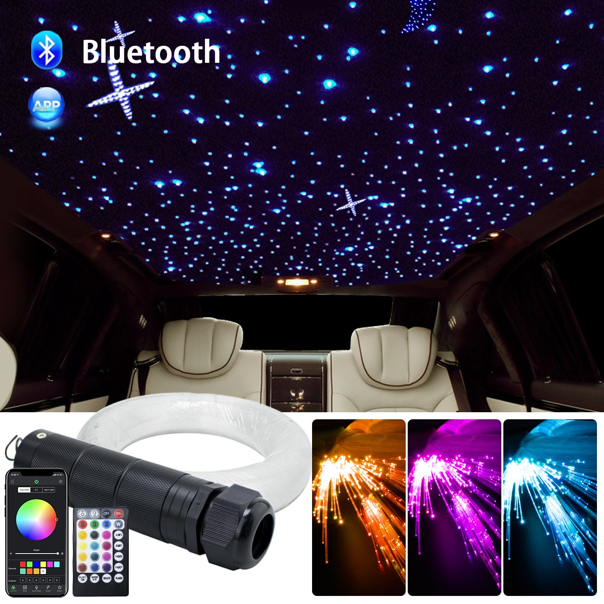 DC12V 6W RGB Car Roof Star Lights LED Fiber Optic star ceiling Light kits 2M 0.75mm 100~380pcs Optical fiber with RF control