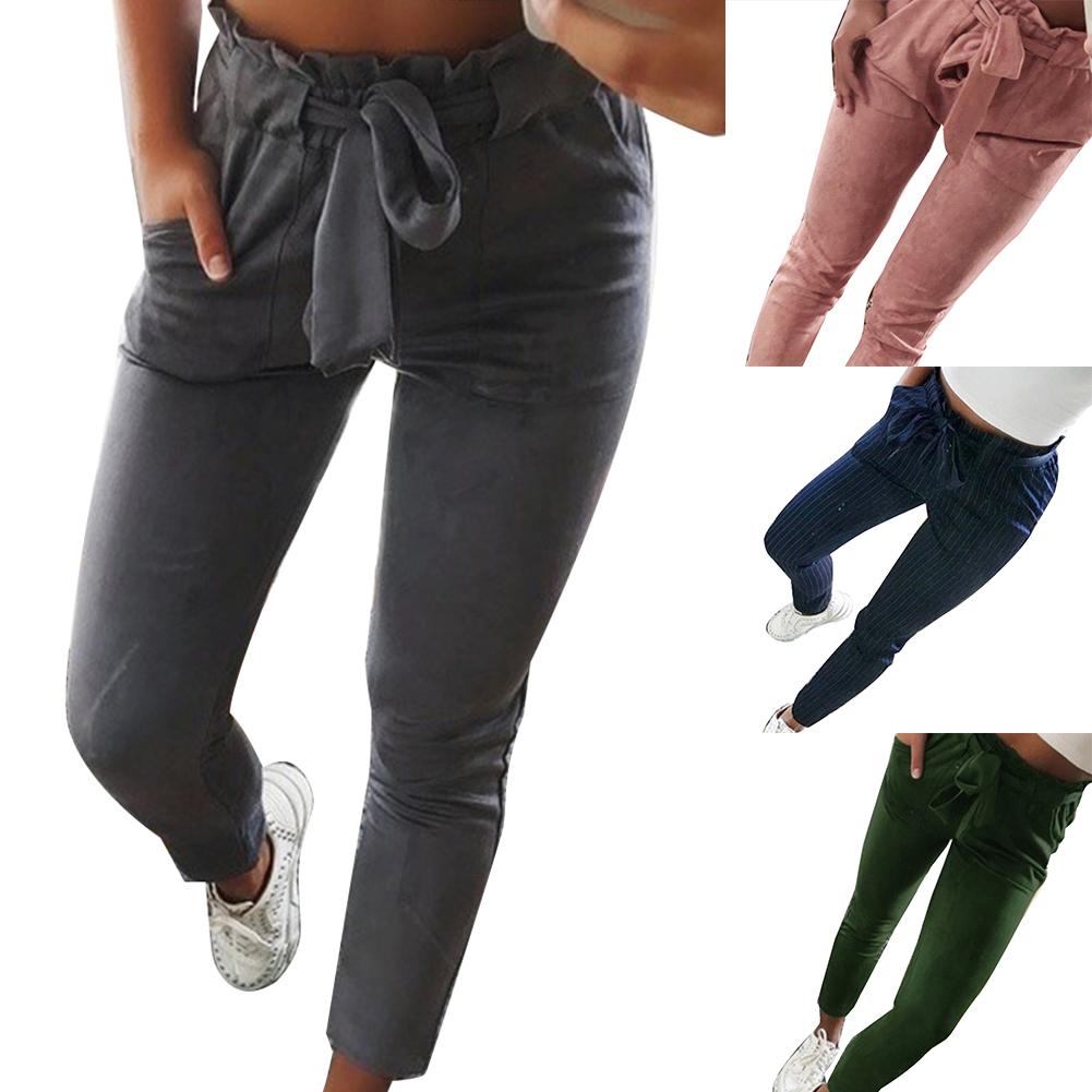 Fashion Lady Solid Color Stripe Flouncing High Waist Slim Cropped Jeans Trousers