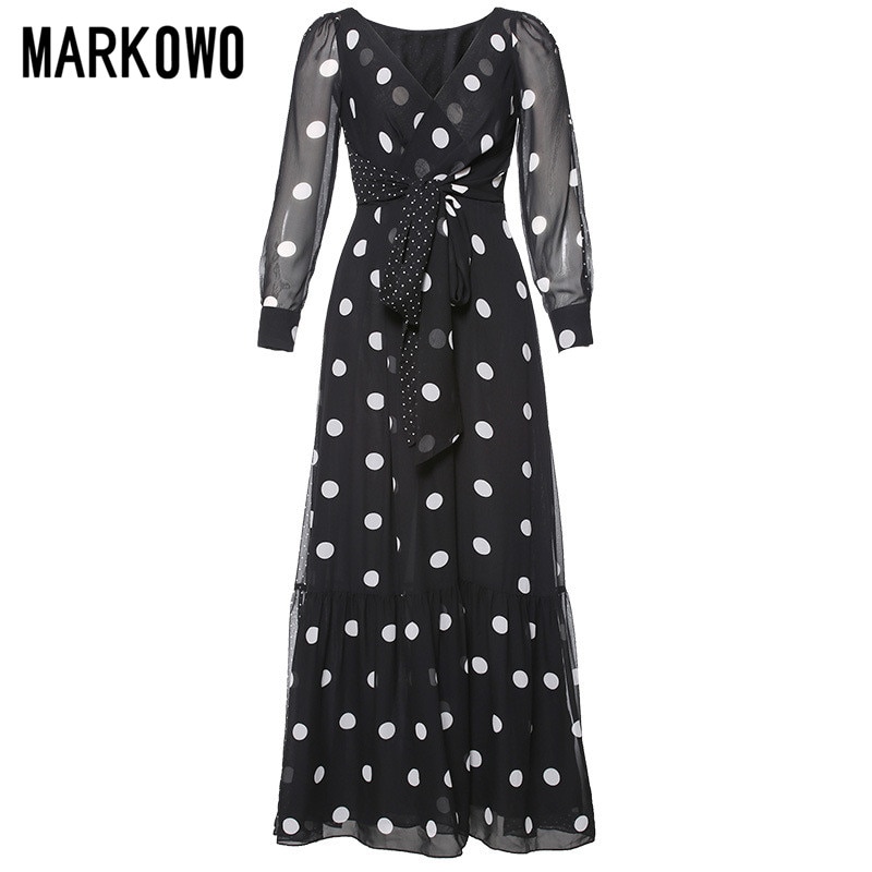 MARKOWO Designer 2020 New V-neck Dress Long Sleeve Polka Dot Temperament Commuting Skirt Chiffon Lady Age Reduction Women Dress