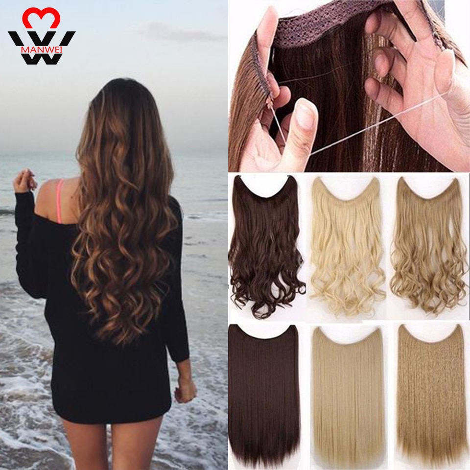 MANWEI Blonde Invisible Wire In Hair Fish Line Extensions Synthetic Hair Pieces For Women Real Fish Line Hair Extension