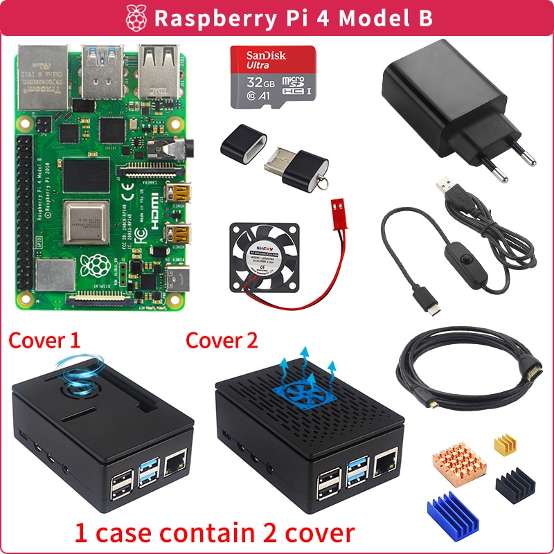 Raspberry Pi 4 8GB/4GB/2GB Kit + Power Adapter + ABS Case +16GB/32GB SD Card +Card Reader + Heat Sink for Raspberry Pi 4 Model B