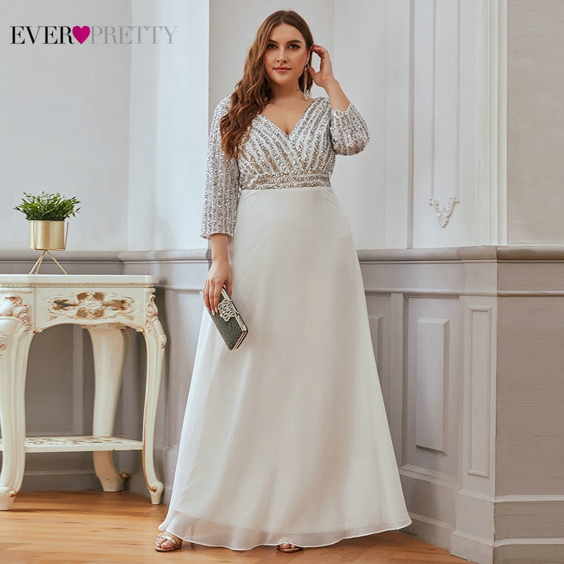 Plus Size Sequined Evening Dresses Ever Pretty 3/4 Sleeve A-Line Double V-Neck Elegant Sparkle Party Gowns Abiye Gece Elbisesi