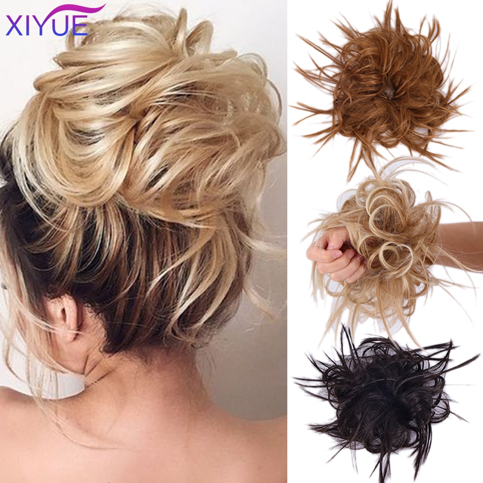 XIYUE Natural curly Messy Bun Tousled Hairpiece Elastic Bands Fake Hair Band Donut Wrap Ponytai Chignon Hair Extension for Women