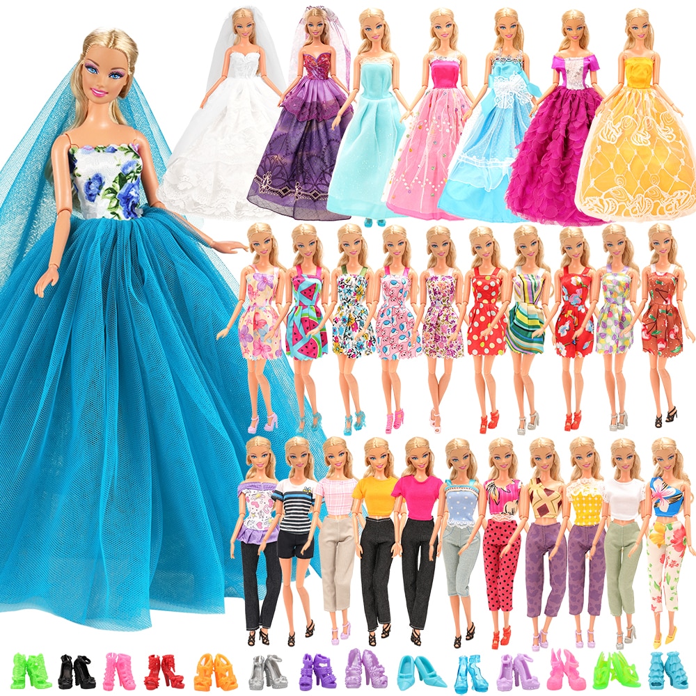 25 Items/lot Doll accessories =3 long tail party dress +10 mini doll dresses +2 Top pants clothes +10 Shoes Object For Barbie