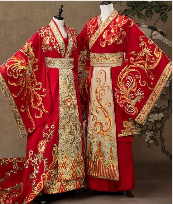 YFL Han Dynasty Traditional Wedding Costume Sets for Male Female Couple Heavy Embroidery Gorgeous Tailed Wedding Hanfu Bride