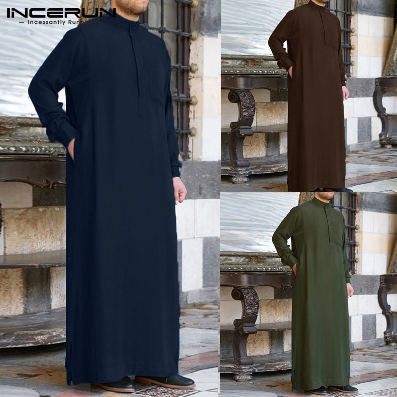 INCERUN Men Muslim Islamic Kaftan Arab Vintage Long Sleeve Men Thobe Robe Loose Dubai Saudi Arab Kaftan Men Clothing 2021 S-5XL
