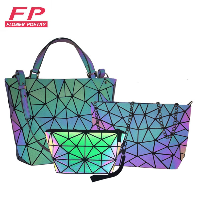 Women Handbags 3 Pcs Bag Set Crossbody Bags For Women Geometric Luminous Shoulder Bag Female Purse And Handbag Tote Holographic