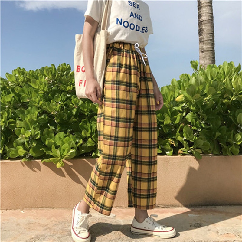 Harajuku Yellow Plaid Pants Womens High Waist Harem Pants Streetwear Casual Drawstring Female Trousers Loose Wide Leg Pants 2020