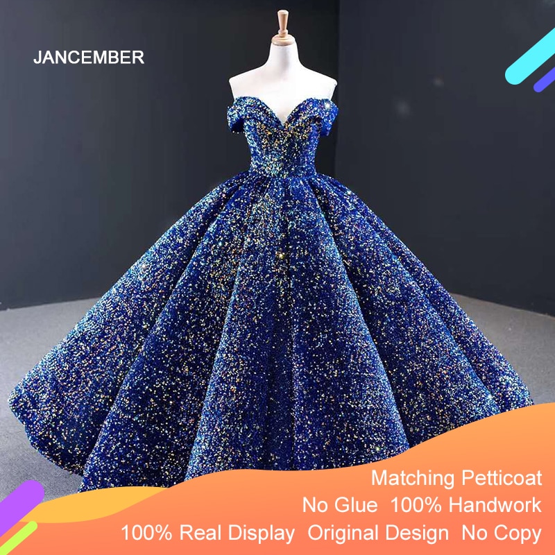 J66991 Jancember Blue Quinceanera Dress 2020 Sweetheart Short Sleeves Off The Shoulder Sequined Party Gowns For Plus Size