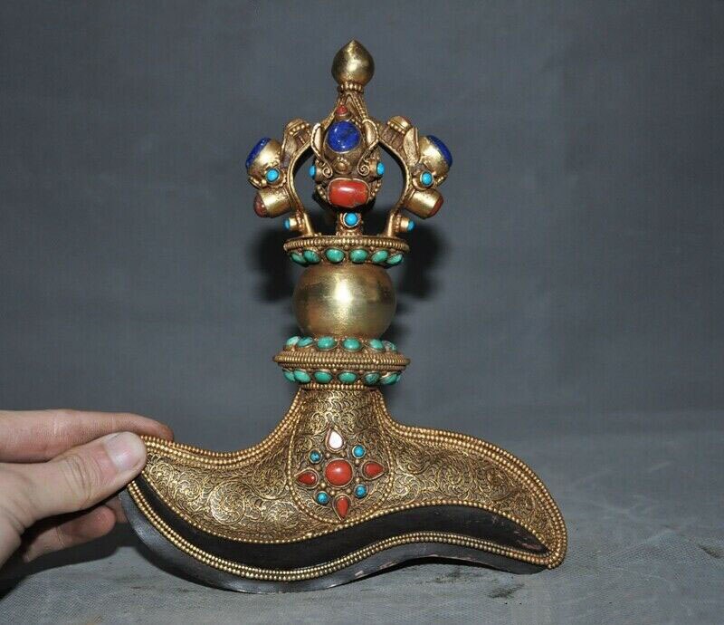 wedding decoration 8" Tibet Filigree silver 24K gold Inlay gem Dragon axe Dorje vajra pestle Faqi