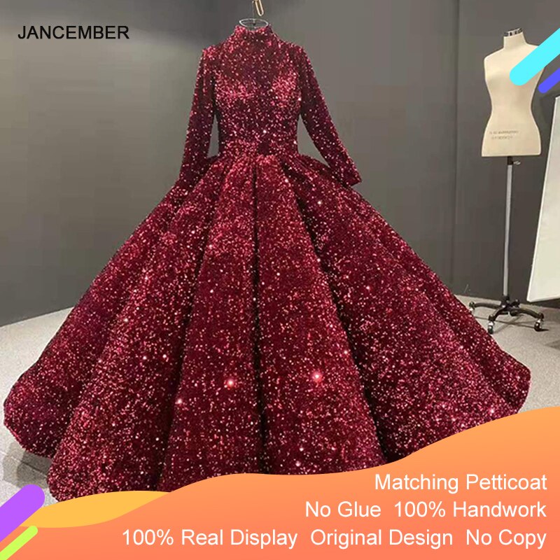 J66991 Jancember Formal Dress For Teenagers High Neck Long Sleeve Sequined Red Quinceanera Dresses 2020