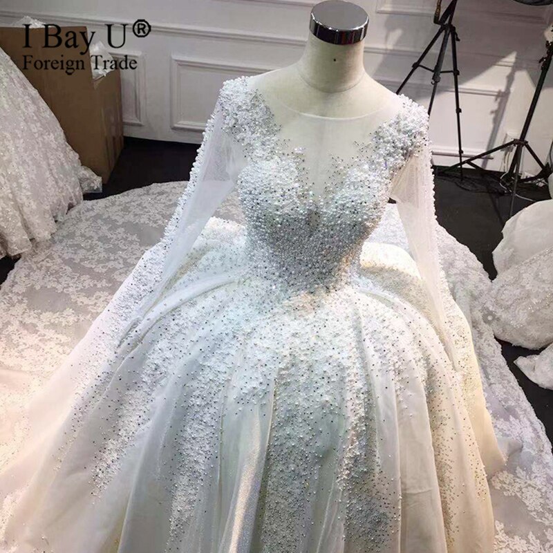 Vestido De Novia Luxury Full Crystal Stone Nude Tulle Pearl Wedding Dress 2020 Lace Applqiues Wedding Bridal Gown Robe De Mariee