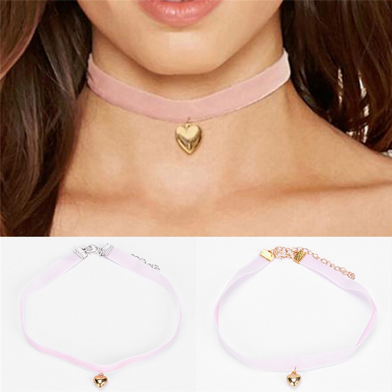 1Pc Fashion Jewelry Pink Color Cloth Choker With Heart Pendant Necklace Gift For Women Girl