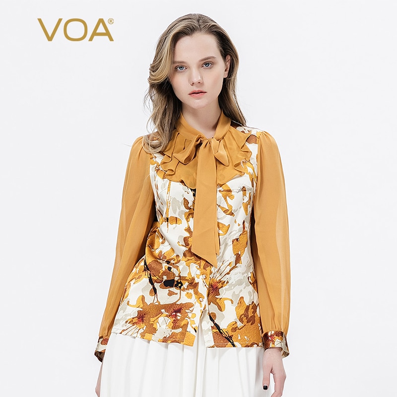 VOA Beige Brown Damask Silk Ribbon Pleated Loose Leaf Splicing Drill Button Elegant Long Sleeve Shirt B9072 Blouse Women