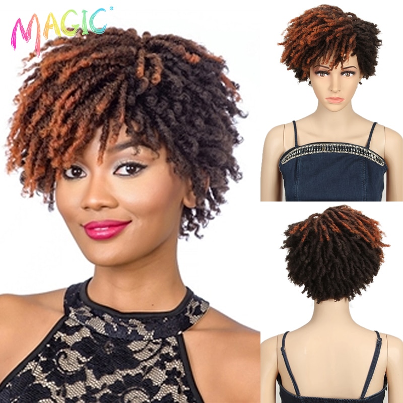 Magic 10 Inches Afro Kinky Curly Wig Synthetic Short Dreadlock Wig With Bangs Ombre Black Blonde Crochet Wig for Black Women