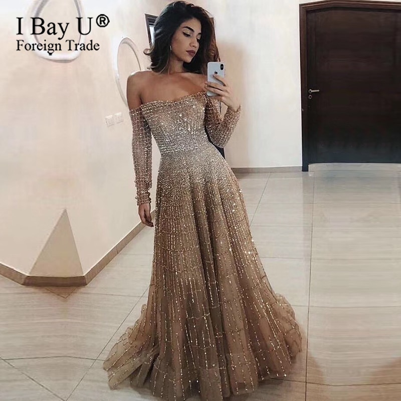 Luxury Sparkle Full Beading Evening Dresses 2020 Pink Dubai Gold Off Shoulder Long Sleeve Formal Evening Gowns Plus Size
