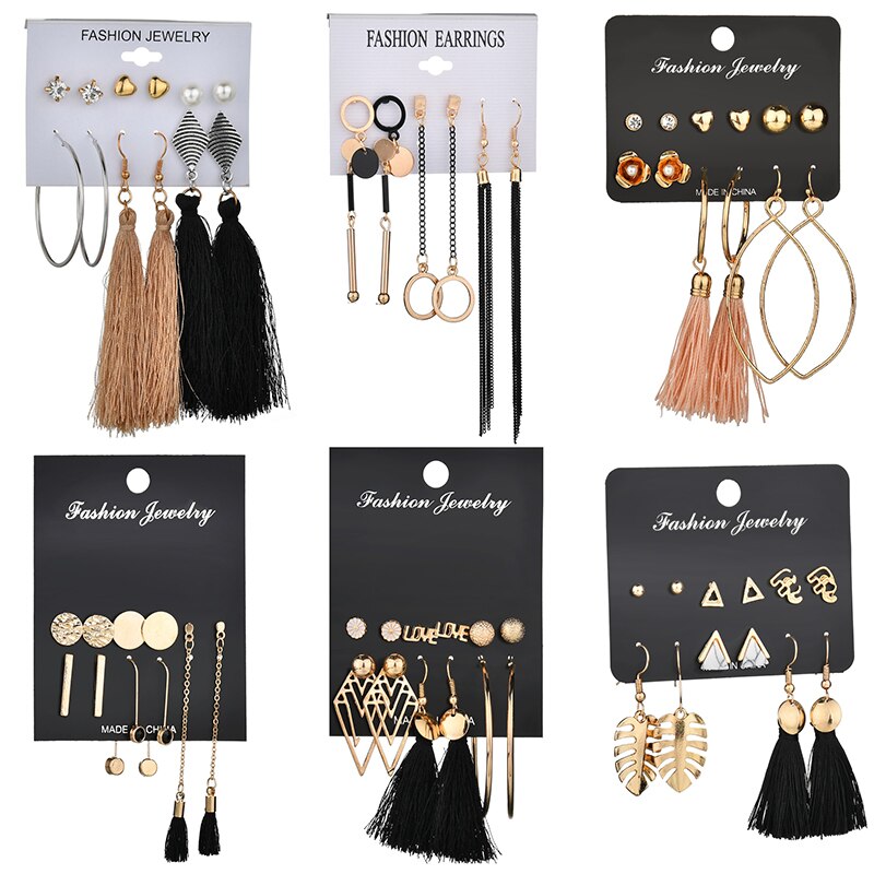 Tassel Bohemia Leaf Heart Stud Earring Set 6 Design Long Tassel Earrings for Women Fashion Jewelry Christmas Gifts Stud