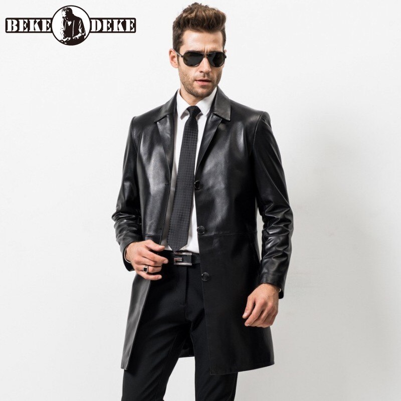 England Style Mens Business Real Leather Long Jacket Spring Autumn Lapel Sheepskin Formal Coat Top Brand Leather Windbreaker