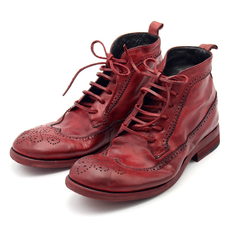 Italy Handmade Cow Genuine Leather Male Ankle Boots Lace Up Wing Tip Brogue Heel Work Satety Shoes Men Motorcycle Boots Punk Red