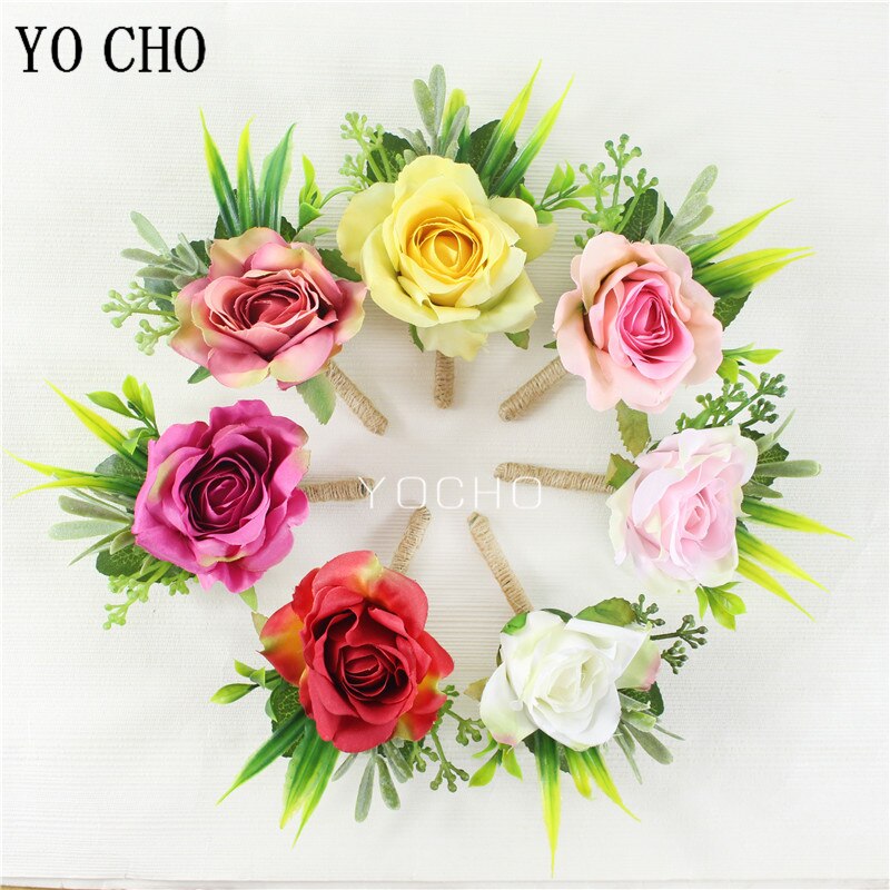 YO CHO Wedding Boutonniere Men Brooch Pins Bridal Wrist Corsage Silk Rose Flower Girl Bracelet Party Meeting Wedding Boutonniere