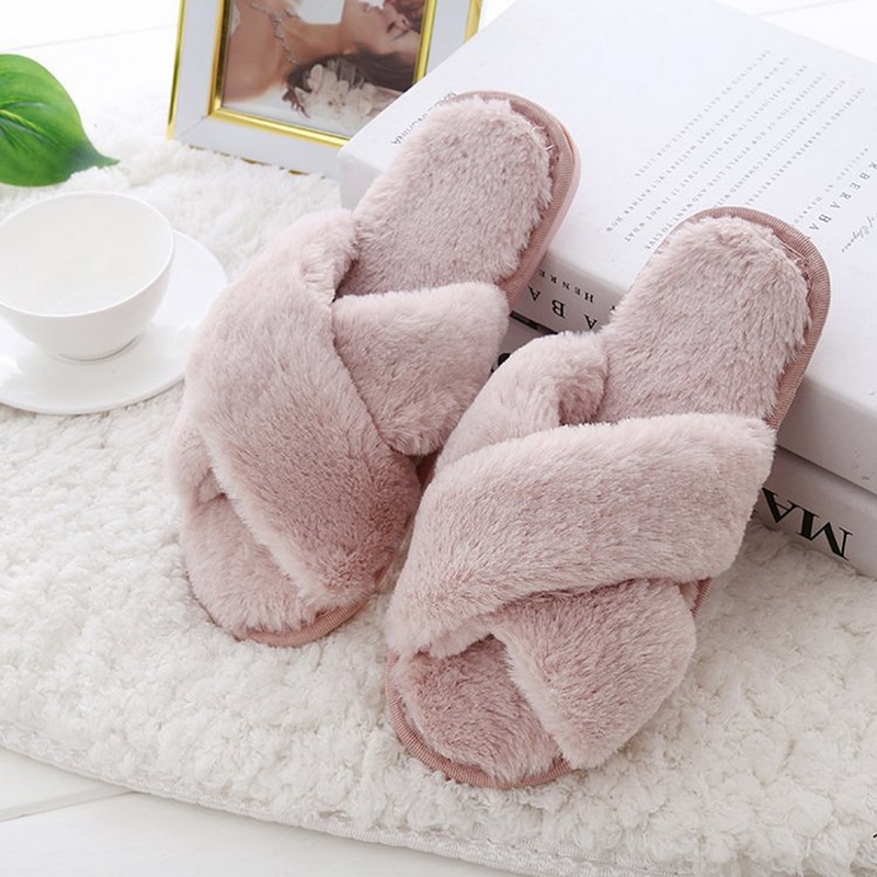 CYSINCOS Women Slippers Winter Shoes Flat Sweet Home Slippers Woman Indoor Fur Warm Soft Slip On Black Pink Grey Female Slipper