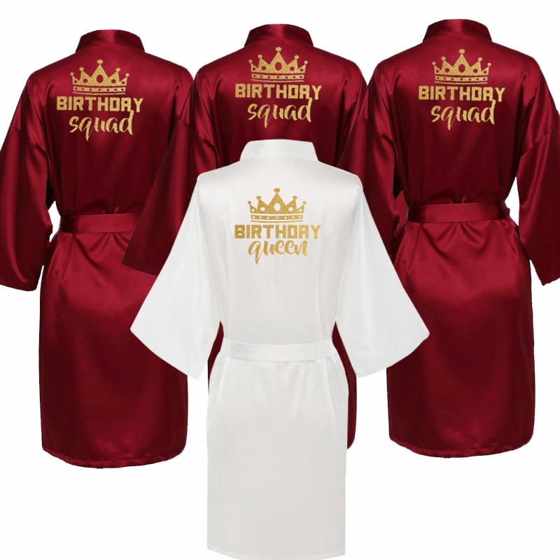 Birthday Party Queen&Squad Robes Satin Pajamas Robe Dressing Gown Pajamas gold writing kimono robe