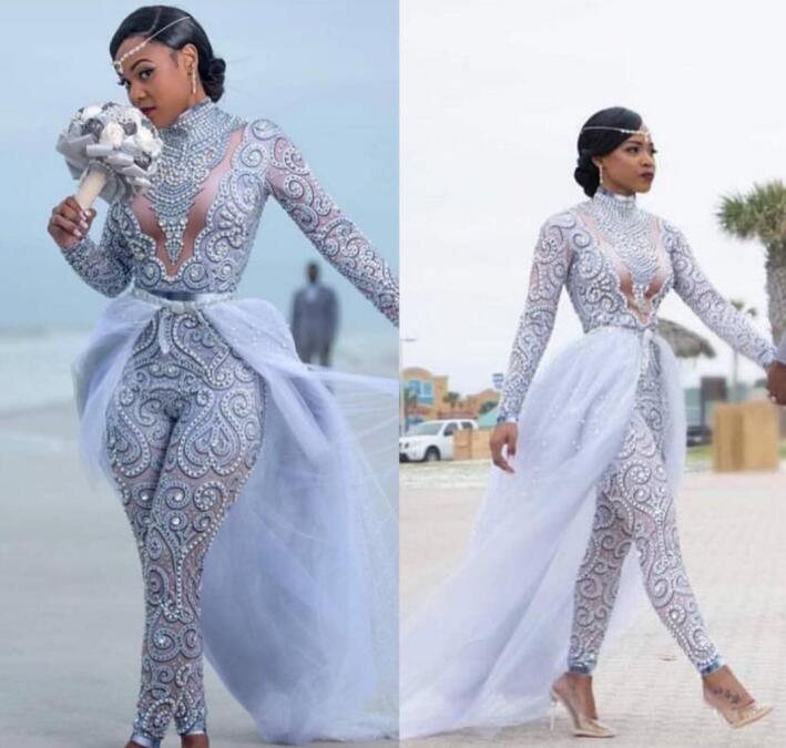 Wedding Jumpsuits With Detachable Train Wedding Dresses High Neck Beads Crystal Long Sleeves Modest Wedding Dress African Bridal