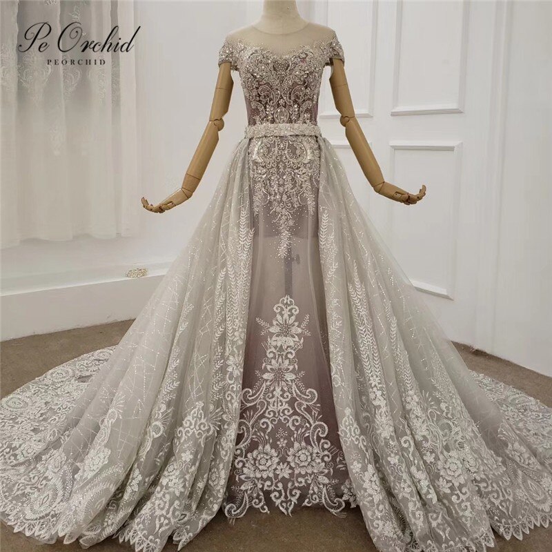 PEORCHID 2020 Luxury Dubai Arab Crystal Mermaid Wedding Dress Lace Floral Vintage Sparkly Beaded Bridal Gown Vestido De Novia