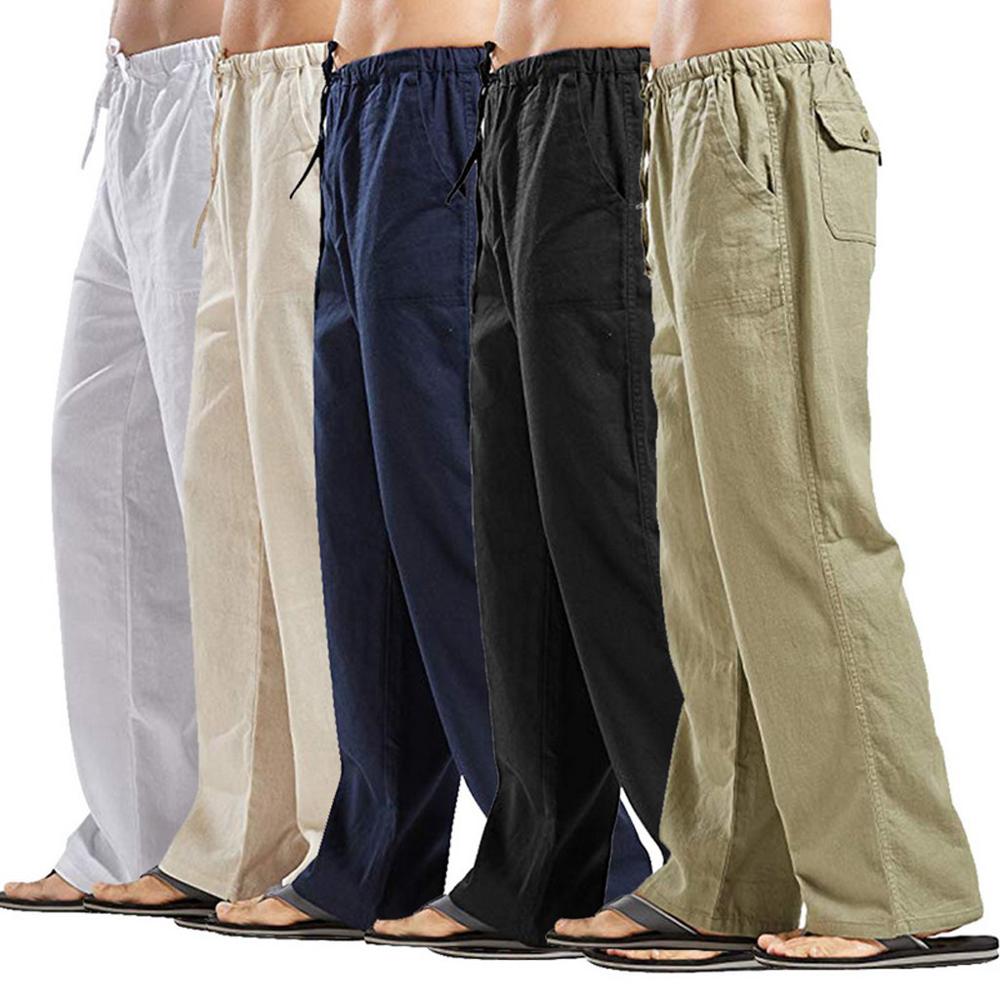 Pants Men Cotton Linen Trousers Joggers Casual Solid Elastic Waist Straight Loose Sports Running Pants Plus Size Men's Clothing