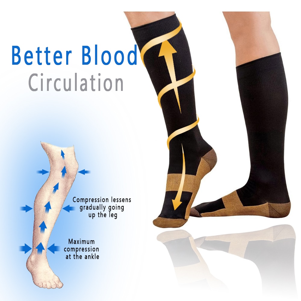 1 Pair Unisex Copper Compression Socks Women Men Anti Fatigue Pain Relief Knee High Stockings 15-20 mmHg Graduated For ONDREJ