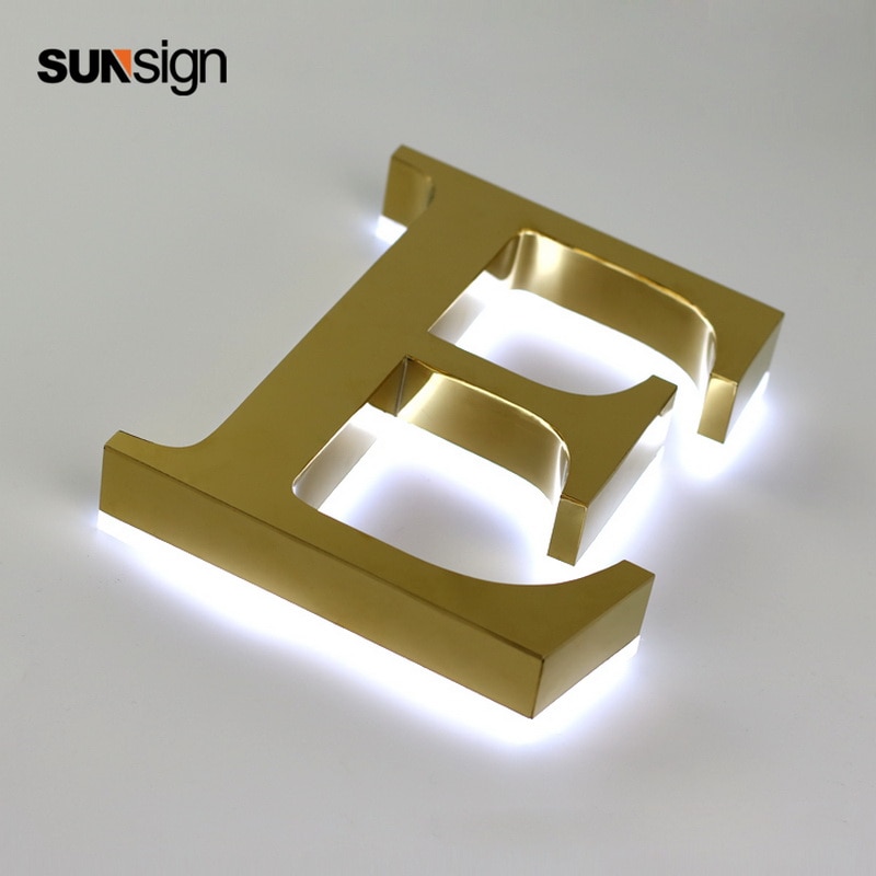 Golden backlit signs stainless steel channel letter with white acrylic back for storefront illuminated signs