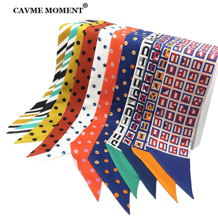 CAVME 100% Silk Thin Scarf Two-sided Printing Twill Small Bind Bag Handle Ribbon Hair Band Women Scarves Hijab 2 Pieces a Set