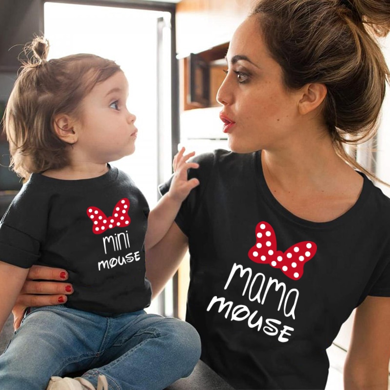 MAMA and mini Family Matching clothes Cotton kawaii bow tshirt mommy and me clothes Tops baby girl clothes matching outfits