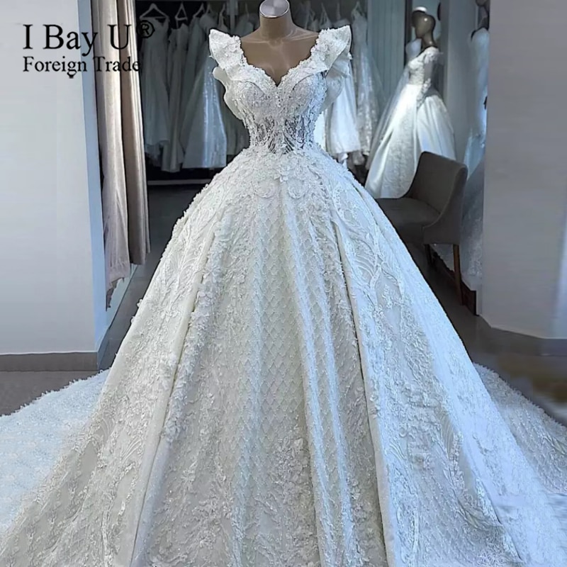 Gorgeous 3D Lace Ball Gown Wedding Dress Appliques Dubai Royal Train Bridal Gowns Ruffle Sleeves Vestidos De Novia