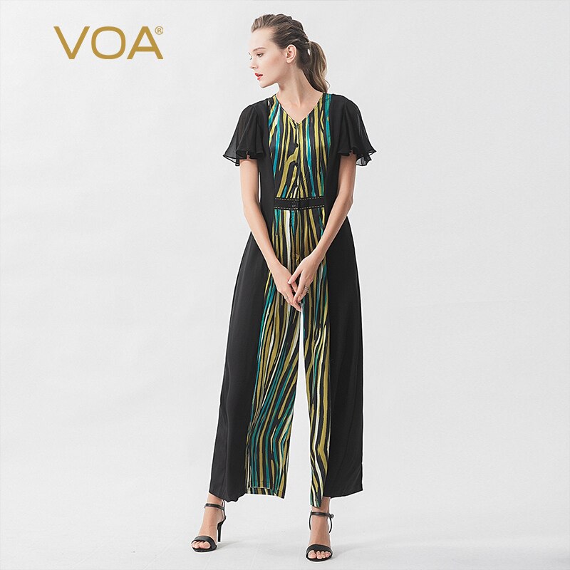 VOA 28m/m Satin Silk Vertical Stripe Print with Peach Heart Collar and Lotus Leaf Short Sleeve Button Placket Jumpsuit K1129