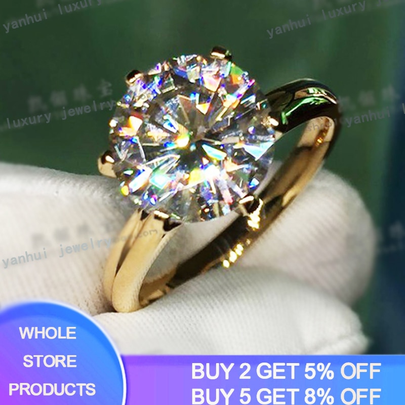 YANHUI Have 18K RGP LOGO Pure Solid Yellow Gold Ring Luxury Round Solitaire 8mm 2.0ct Lab Diamond Wedding Rings For Women ZSR169