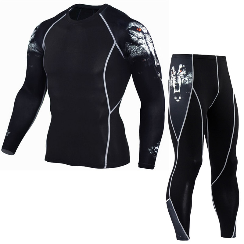 Men Thermal underwear winter long johns 2 piece Sports suit Men's Compression leggings Quick dry t-shirt long sleeve jogging set