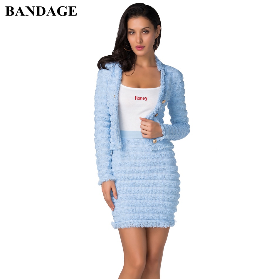 BANDAGE Spring Feather Sexy 2 Piece Set Women Blue Bandage Crop Top and Short Skirt Bodycon Party Two Piece Set Female Outfits