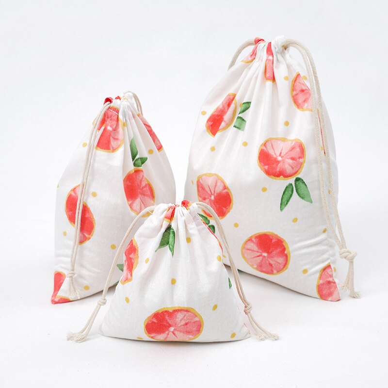 3 Size Concise Style Printed Drawstring Bag Draw Pocket Storage Grapefruit Fruit Pattern Farmhouse Style Sack Fabric Bags