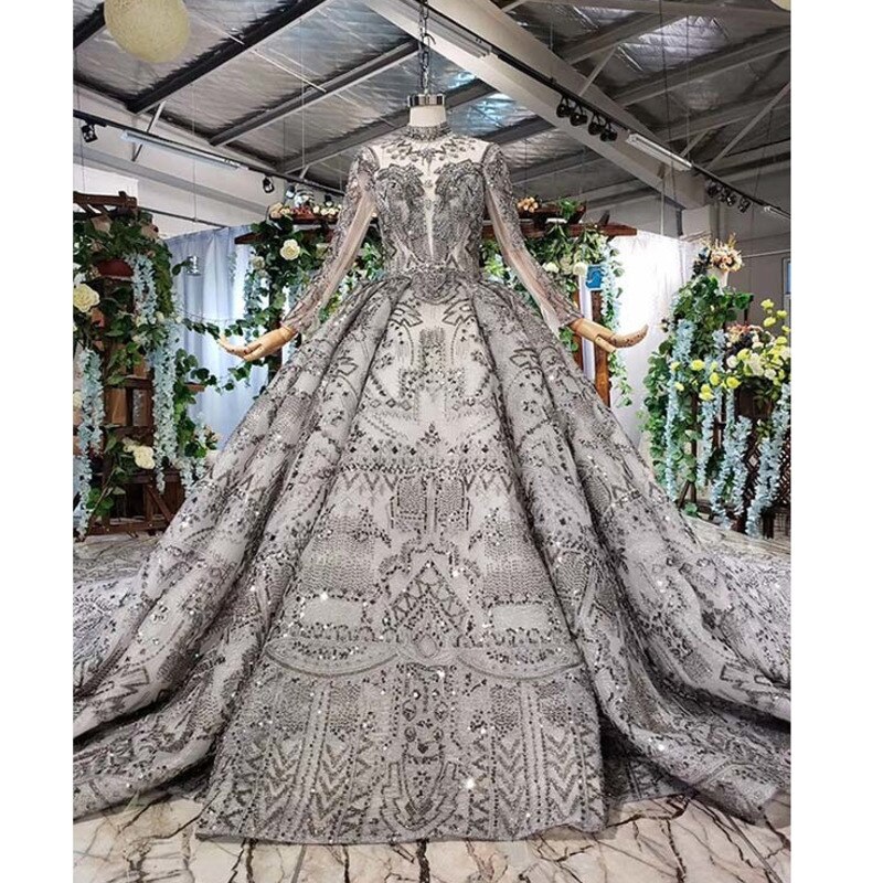 BGW 3515ht Luxury Dubai Evening Dresses For Special Occasions High Neck Long Sleeve Grey Handmade Lace Long Gown Robe De Soiree