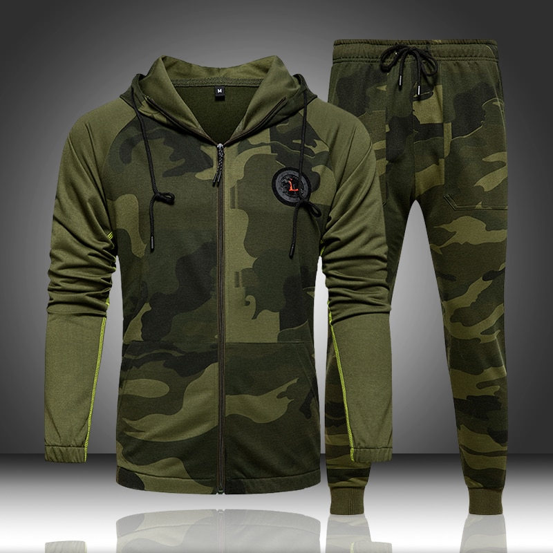 Camo Men Tracksuit Hooded Outerwear Hoodie Set 2 Pieces Autumn Sporting Male Fitness Camouflage Sweatshirts Jacket + Pants Sets