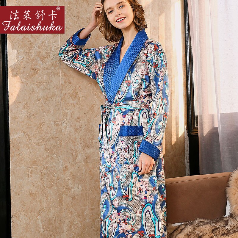 Elegance Blue Thicken 100% genuine silk Dressing gown women robes nightgowns Noble Floral pure mulberry silk robes women S5659