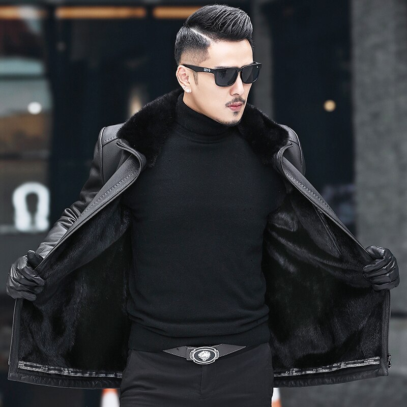 Winter Genuine Leather Jacket Men Natural Mink Fur Lining Deerskin Leather Real Fur Coat Deri Ceket A19-Z1828 KJ3816